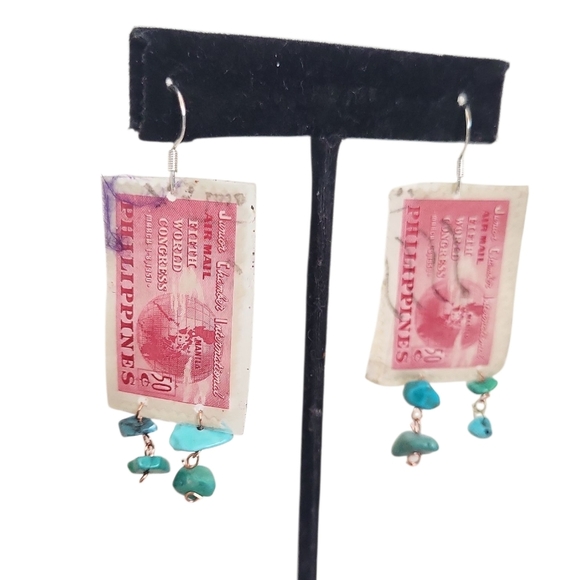 Vintage Philippines Stamp Earrings Turquoise Dangles Upcycled - Picture 1 of 4